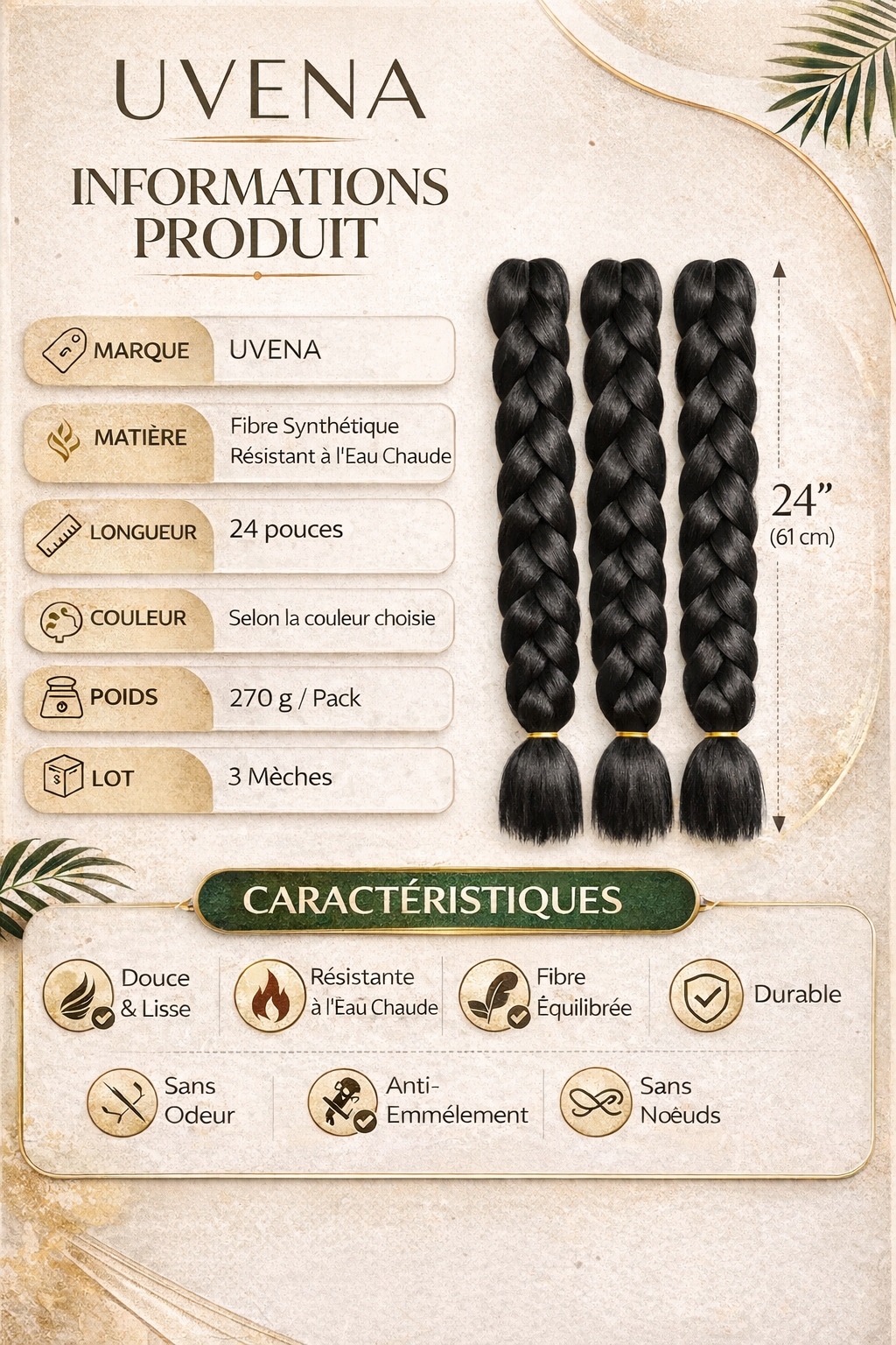 UVENA Mèches Kanekalon 24 pouces – Lot de 3 mèches